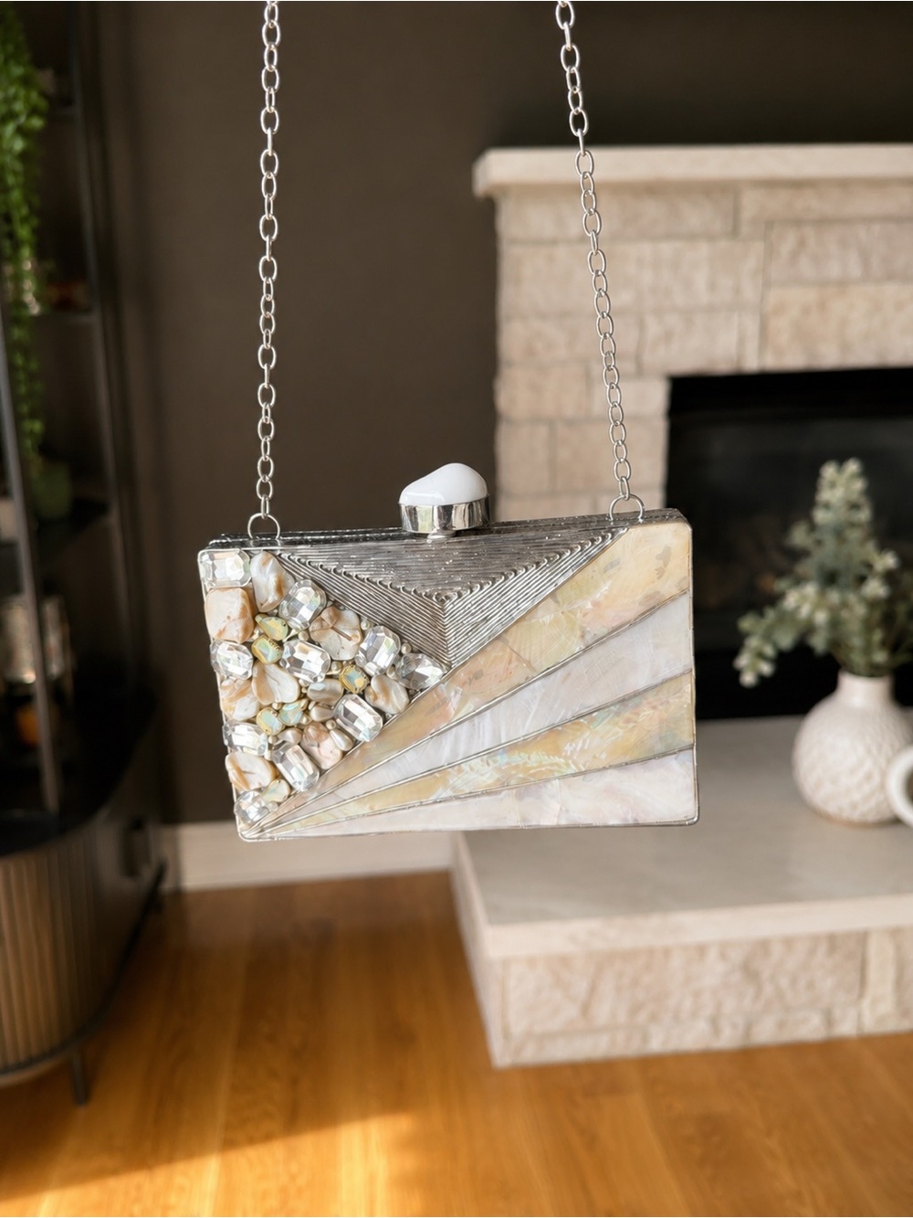Iridescent Shell Beaded Box Clutch - White
